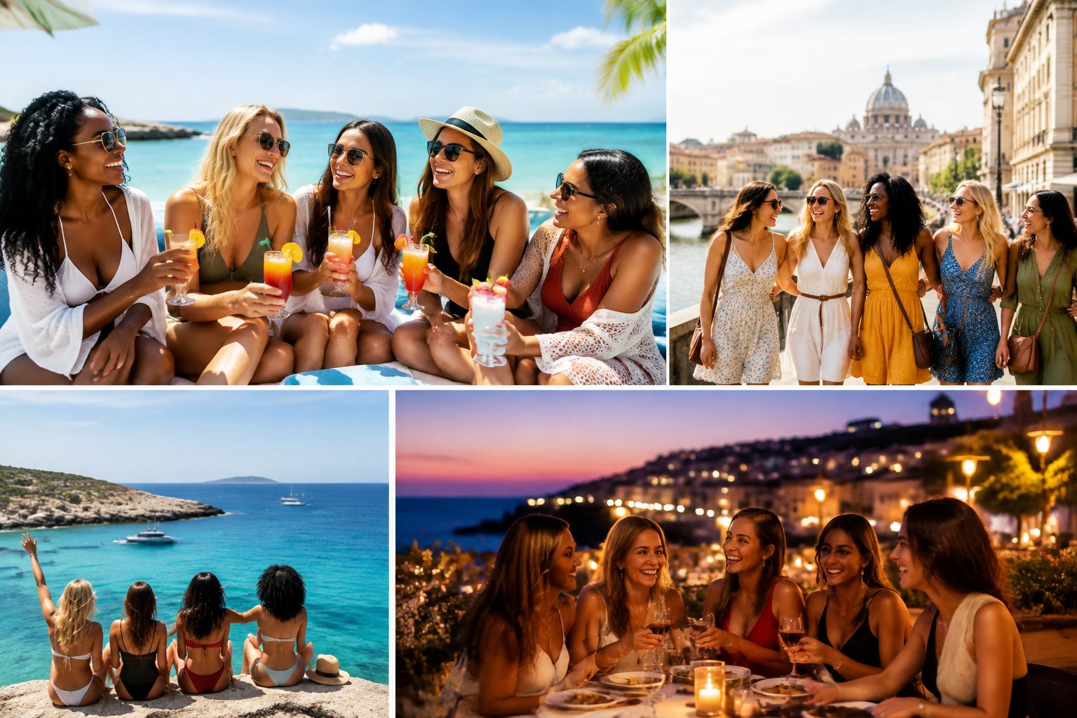 A group of friends celebrating together during a varied destination getaway by the coast.