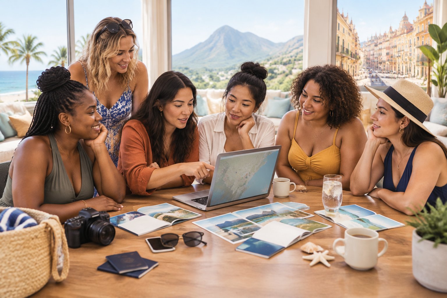 A group of friends compares vacation ideas around a table in a bright lounge.