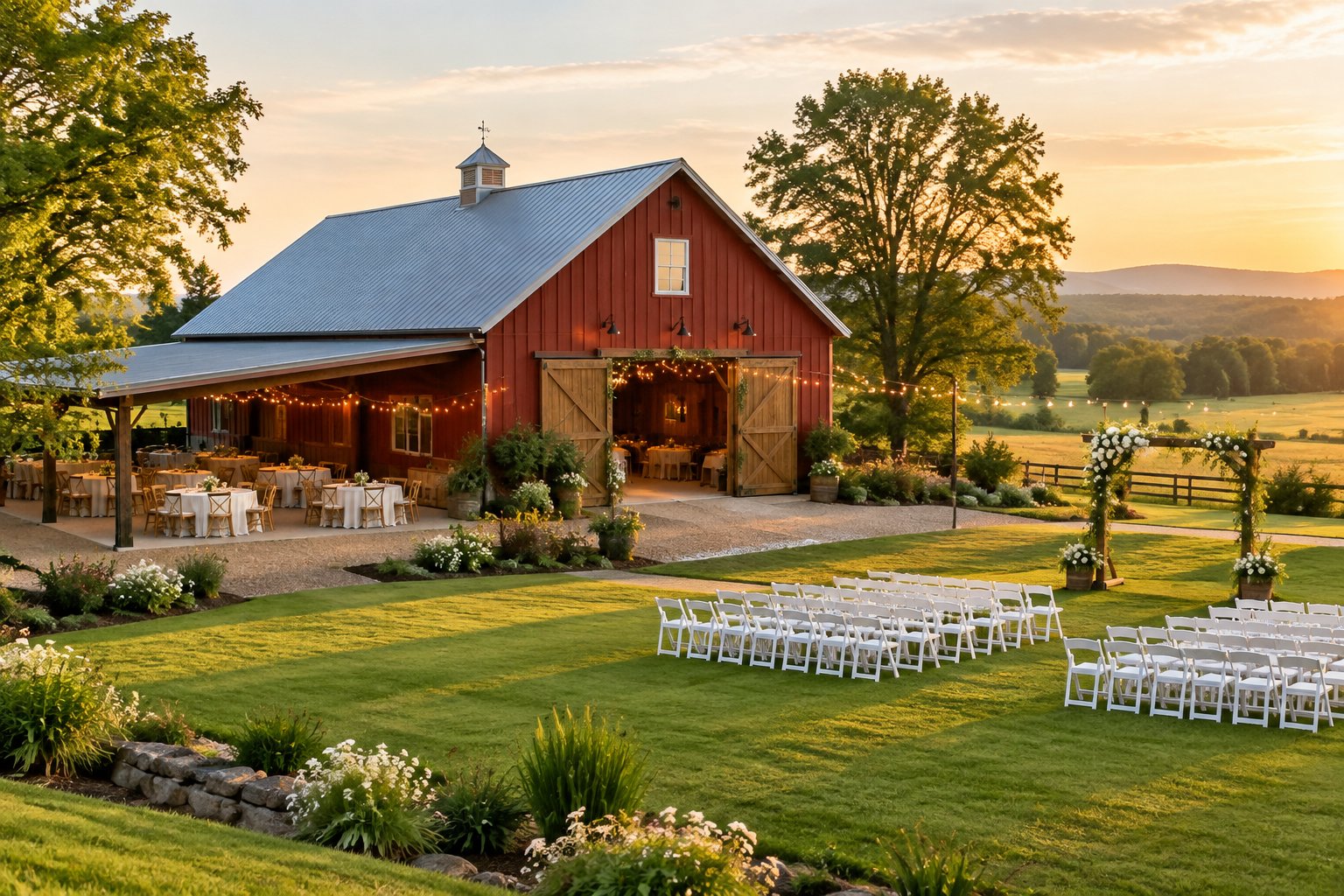 A rustic barn wedding venue with outdoor ceremony seating, floral decorations, green lawns, and countryside surroundings.