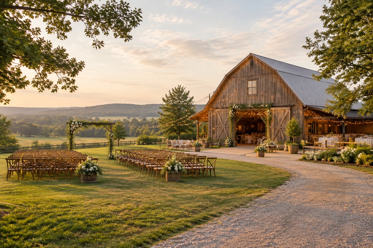 A restored barn wedding venue surrounded by fields, trees, ceremony chairs, flowers, and string lights.