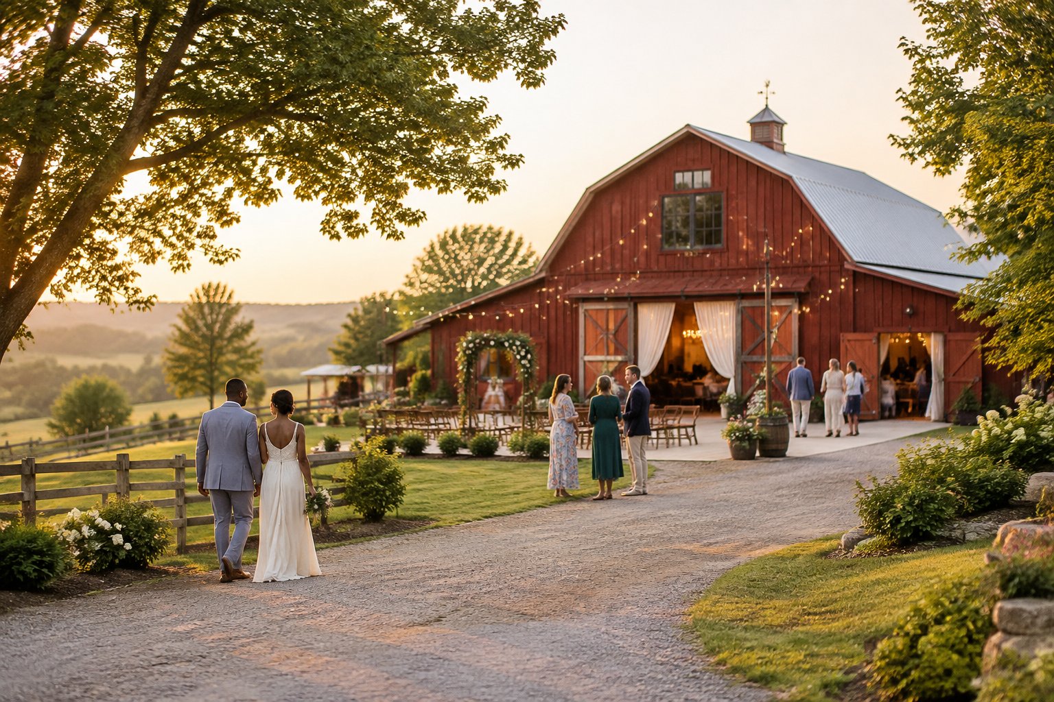 A couple and guests explore a decorated barn wedding venue in a sunny countryside setting.