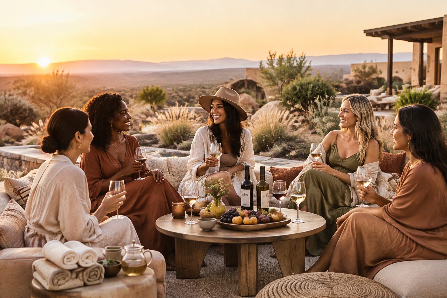 A group of women relax together at a desert resort table with wine and wellness items.