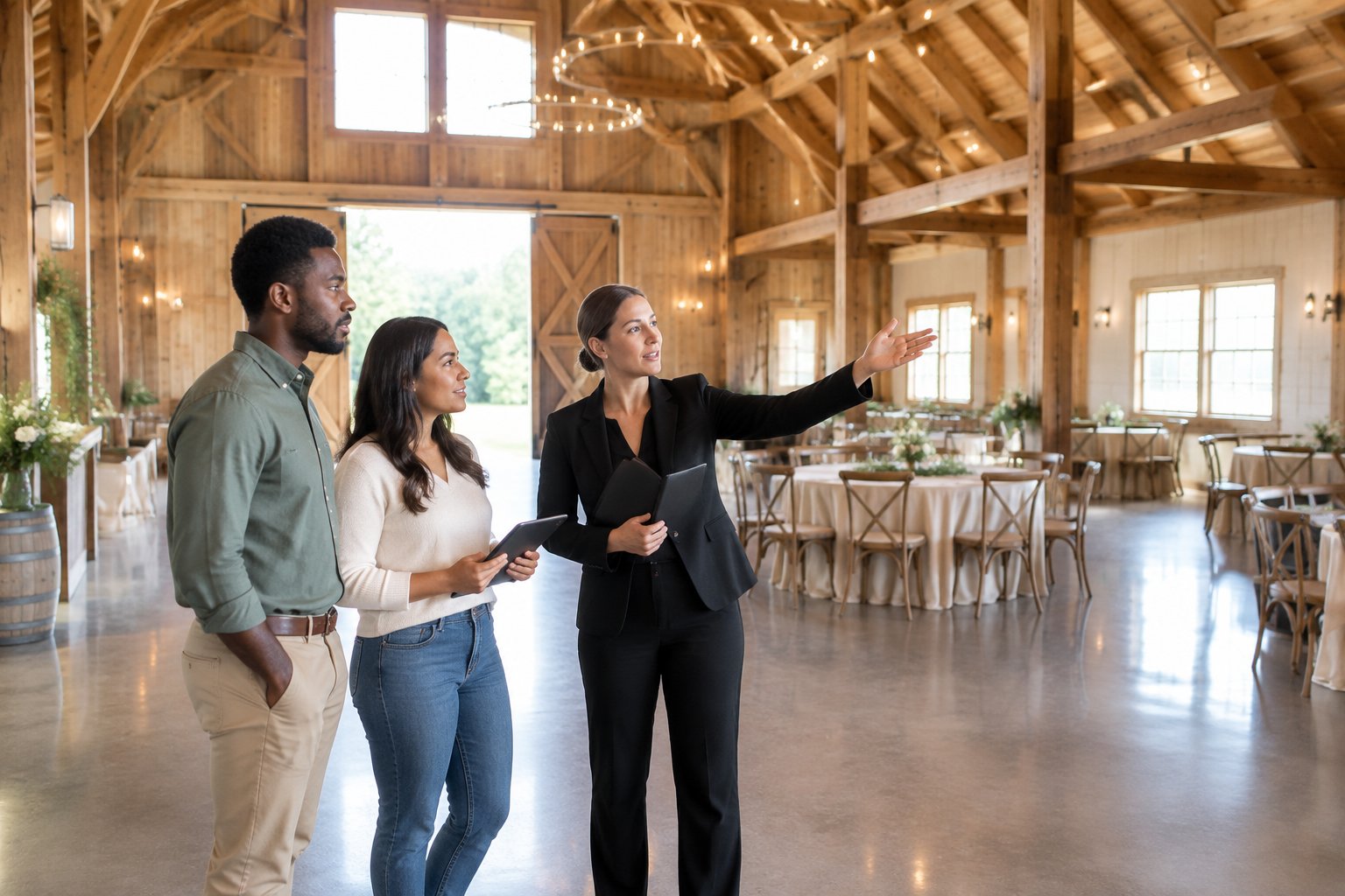 A couple and venue coordinator inspect the interior of a rustic barn wedding venue.