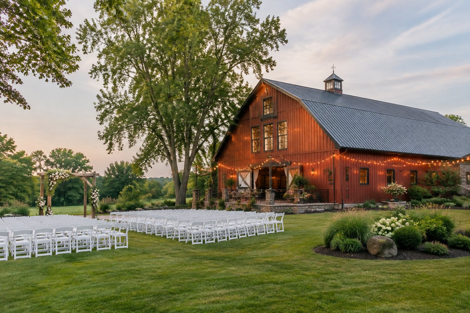 A rustic barn wedding venue surrounded by green lawns, trees, floral decorations, and rows of white ceremony chairs.