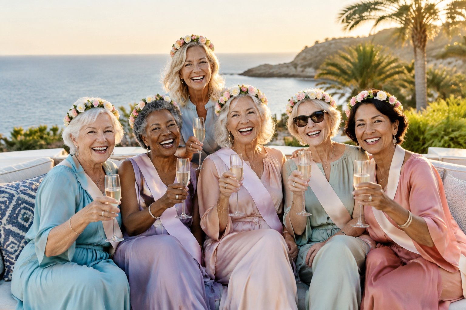 A group of senior women celebrating together with drinks on a sunny resort terrace overlooking the coast.