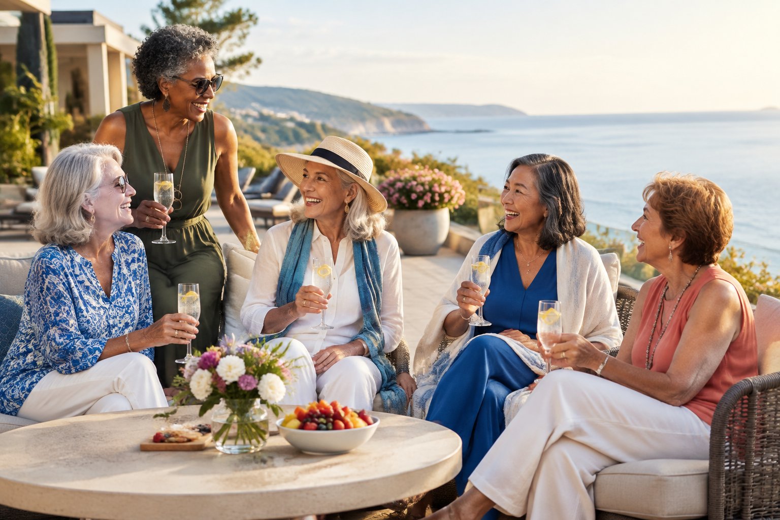 A group of older women celebrating together on a sunny resort terrace overlooking the coast.