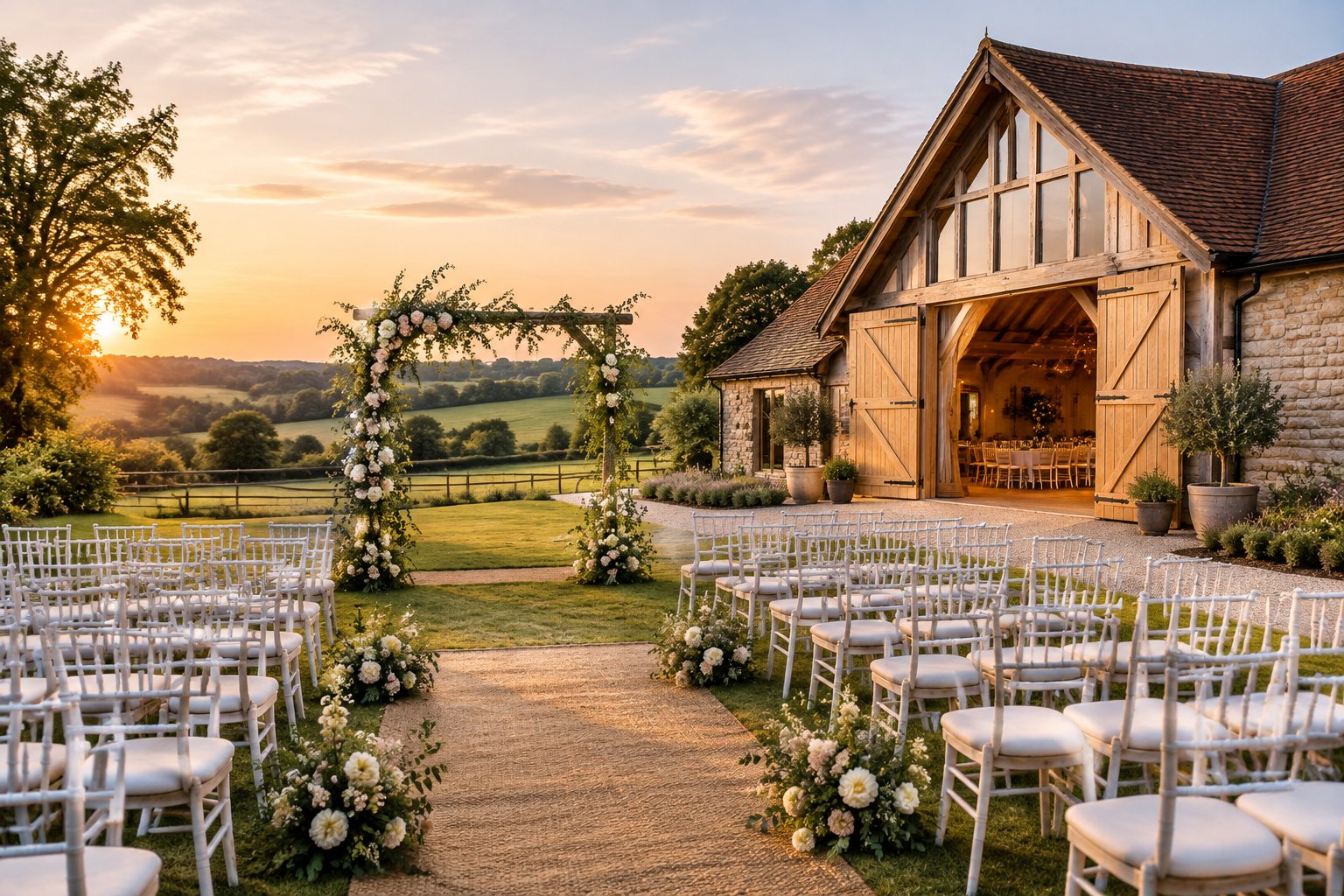 A rustic barn wedding venue surrounded by green countryside, with white chairs and a floral ceremony arch outside.