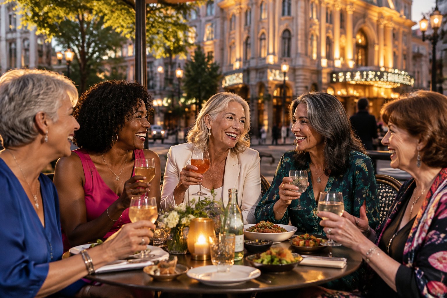 A group of mature women enjoying dinner together on a warmly lit city restaurant terrace.