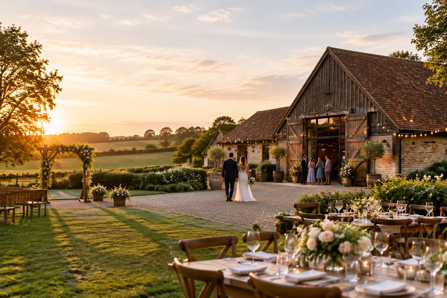 A rustic barn wedding venue in the Bedfordshire countryside with outdoor tables, flowers, and a couple walking toward the barn.