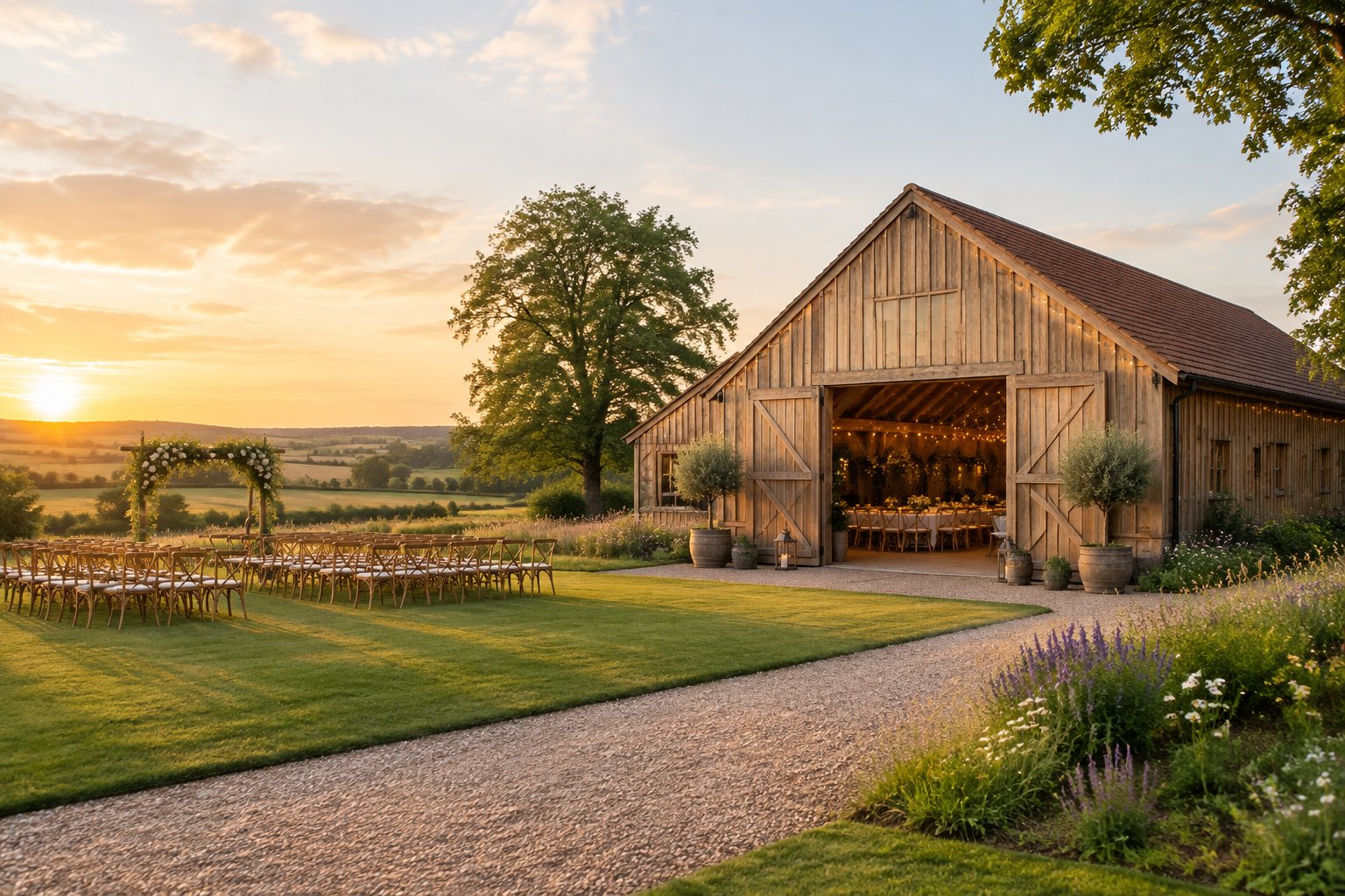 A restored timber barn wedding venue surrounded by landscaped grounds and Bedfordshire farmland.