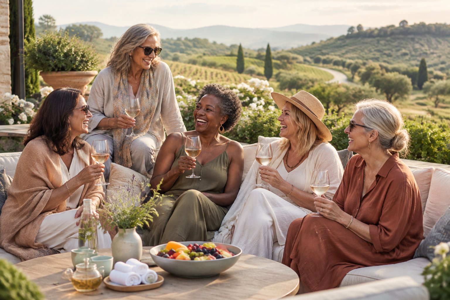 A group of mature women relaxing together at a vineyard retreat with wellness items and scenic hills in the background.