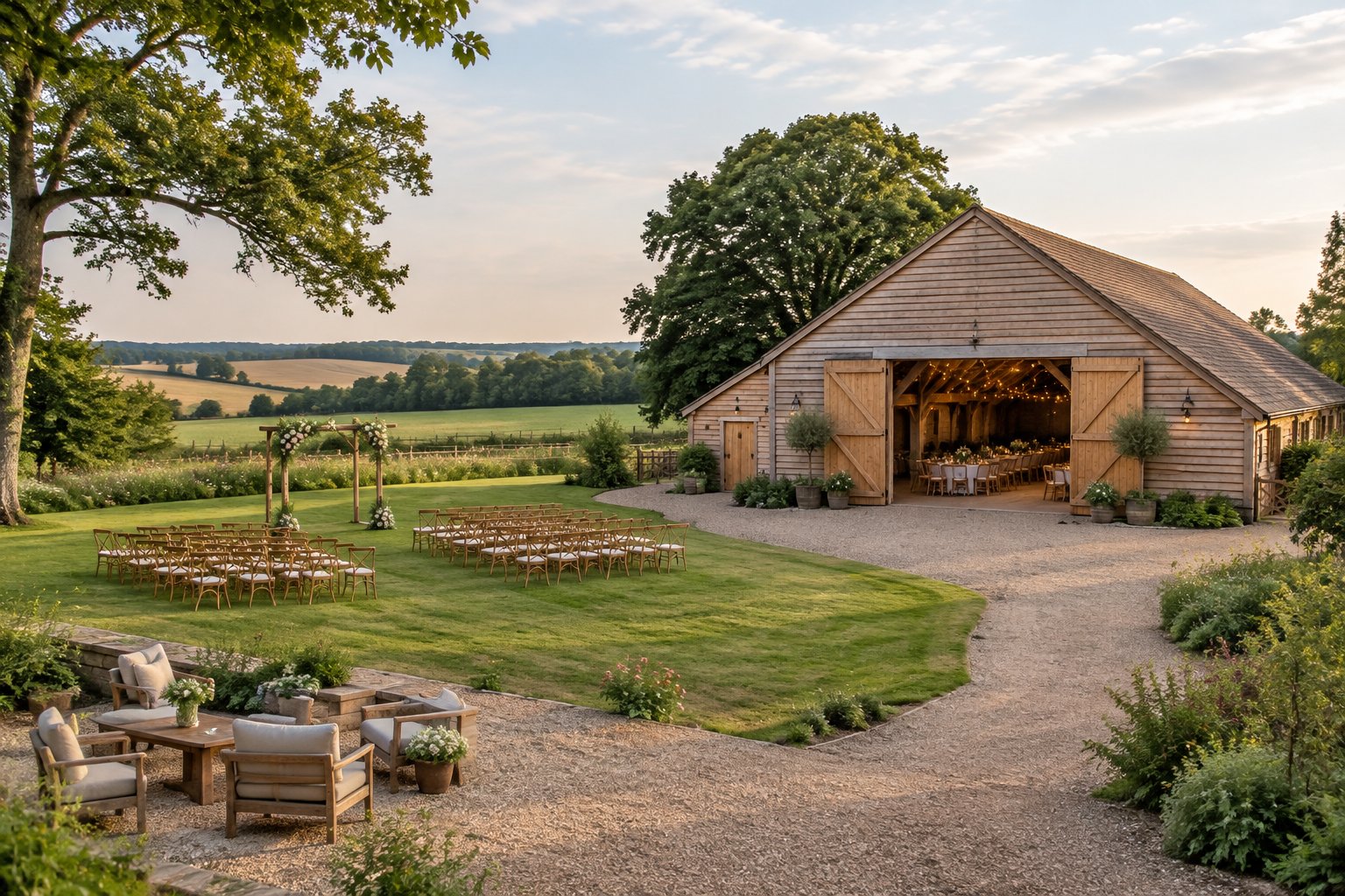 A rustic barn wedding venue surrounded by green countryside and arranged outdoor ceremony seating.