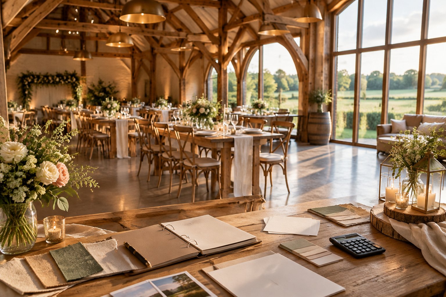 Elegant barn wedding reception setting with tables, flowers, and countryside views.