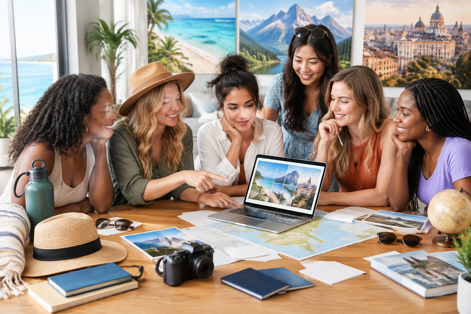 A group of friends gathers around a table to compare ideas for a bachelorette party getaway.