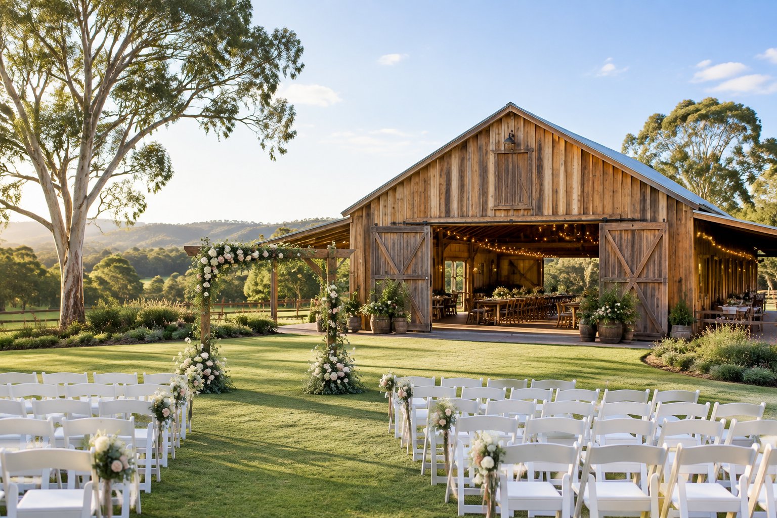 A rustic barn wedding venue surrounded by green lawns, trees, and an outdoor ceremony setup.