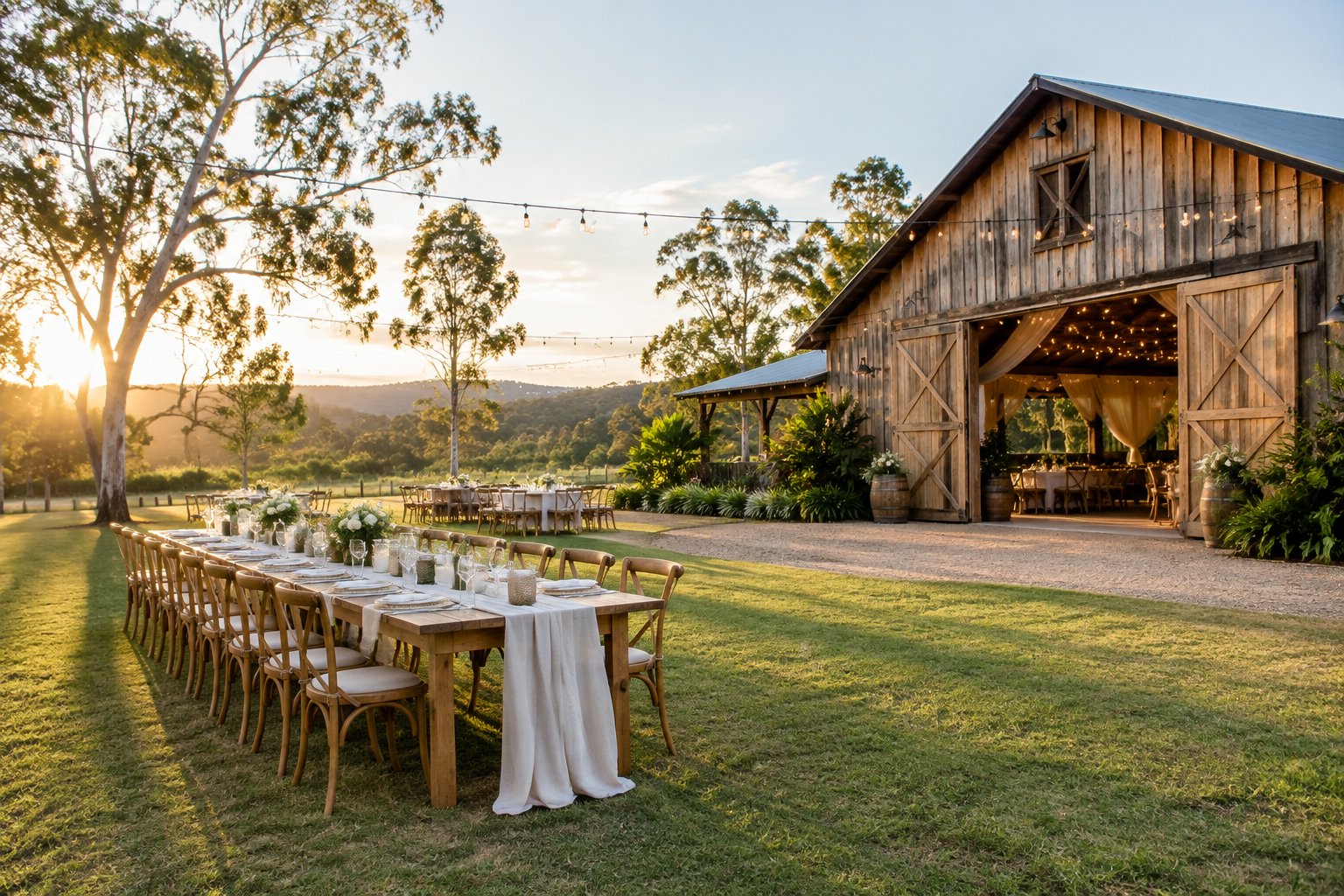A rustic barn wedding venue surrounded by green countryside, with an elegant outdoor reception setup.