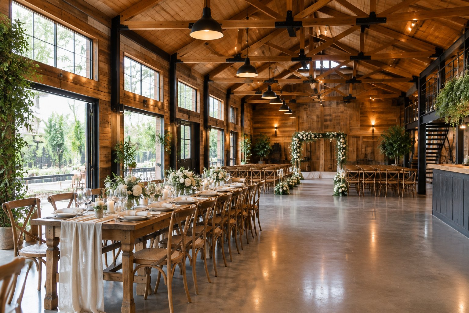 A rustic industrial barn wedding venue with timber beams, decorated tables, warm lighting, and a ceremony area.