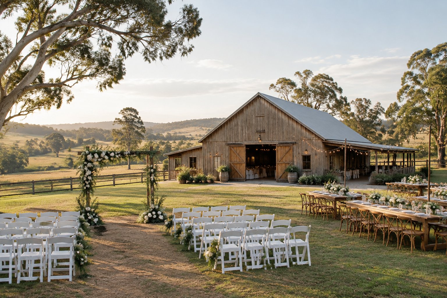 A rustic timber barn wedding venue surrounded by green paddocks, gum trees, and an outdoor ceremony setup.