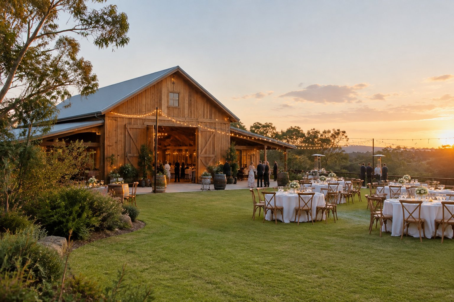 A rustic barn wedding venue in Brisbane with outdoor reception tables, floral centerpieces, and guests on a grassy lawn.