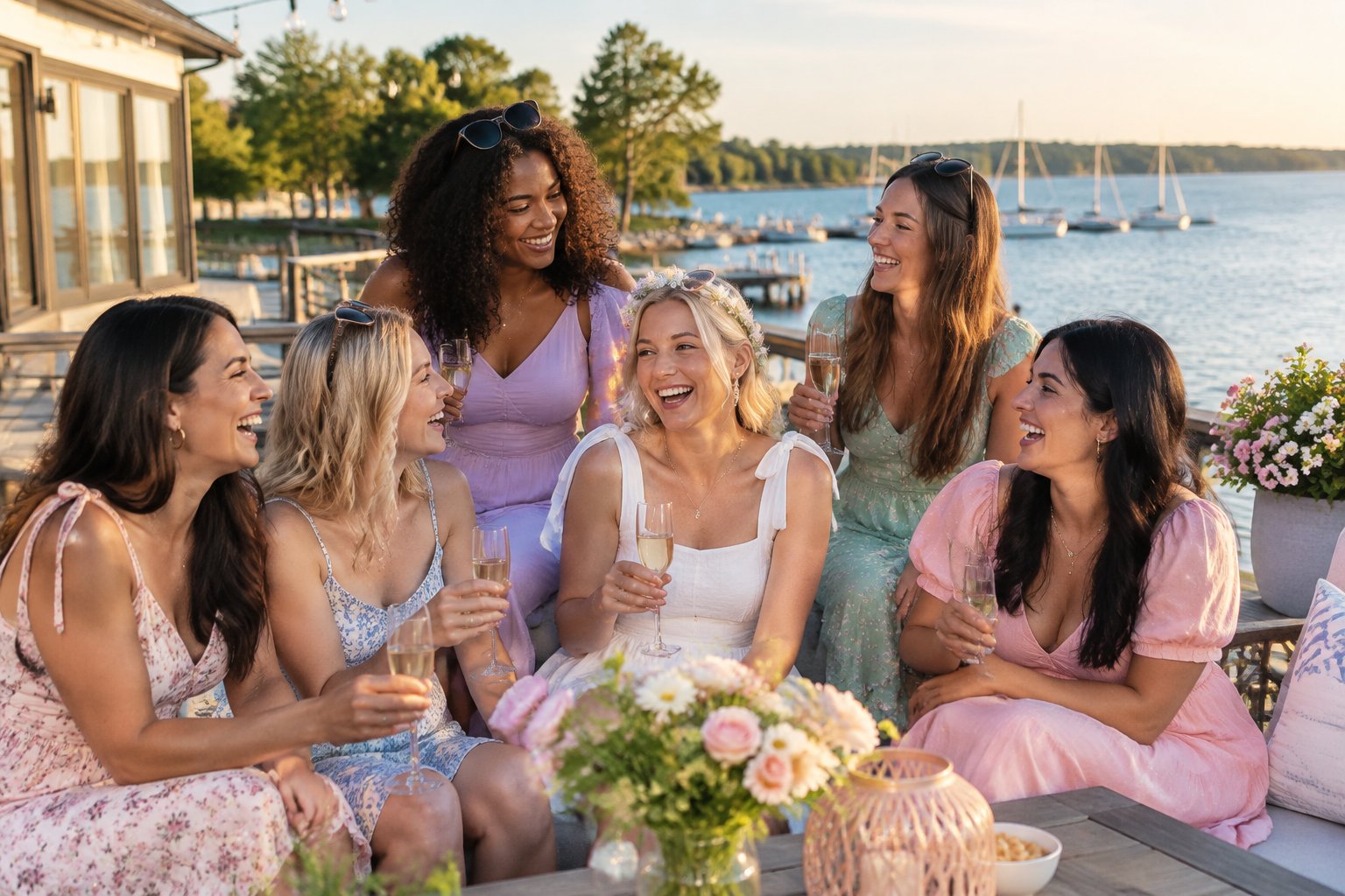 A group of friends celebrating together on a sunny waterfront patio beside Sodus Bay.