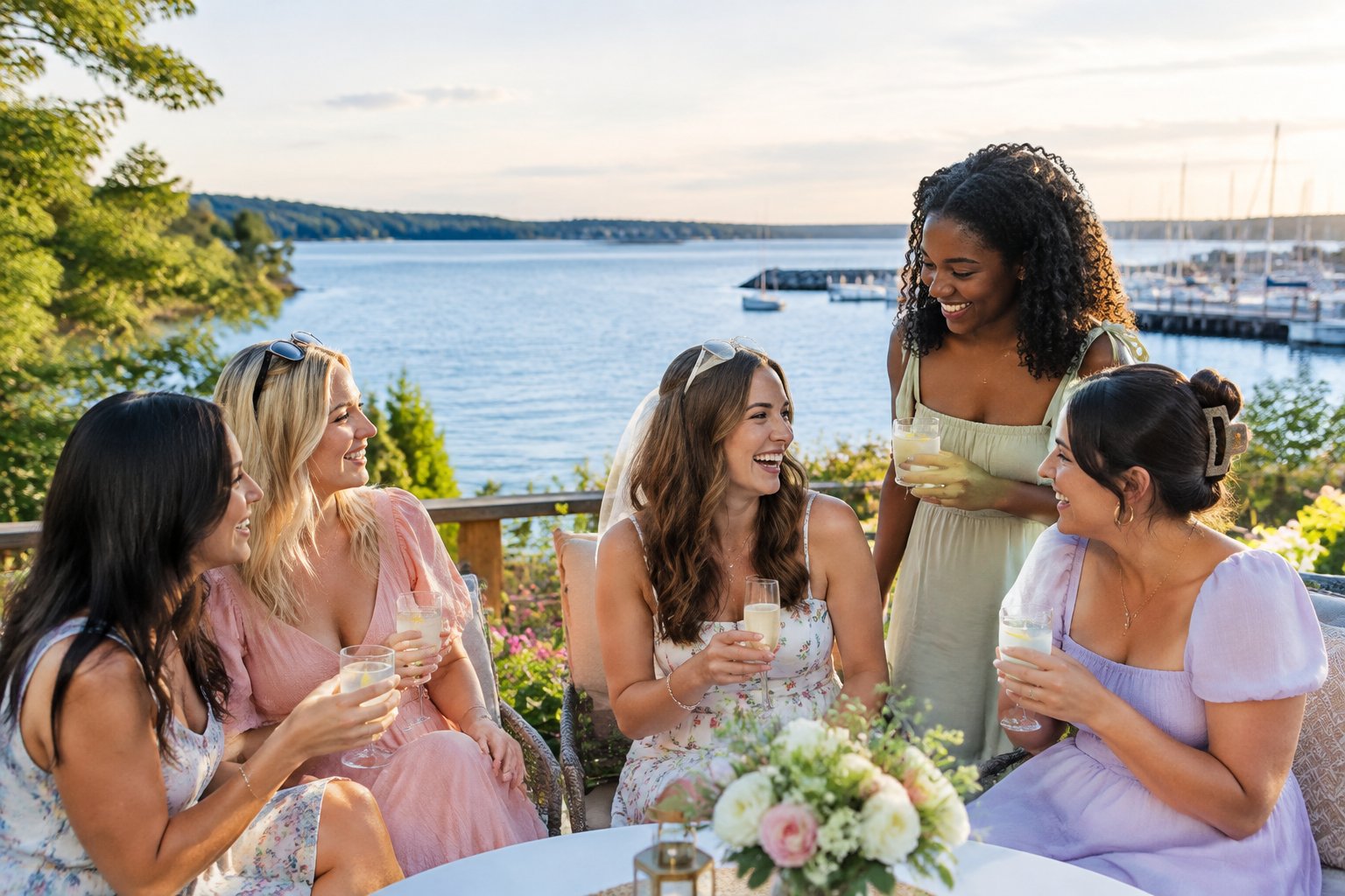 A group of friends enjoying a relaxed celebration by a scenic lakeside in Sodus.