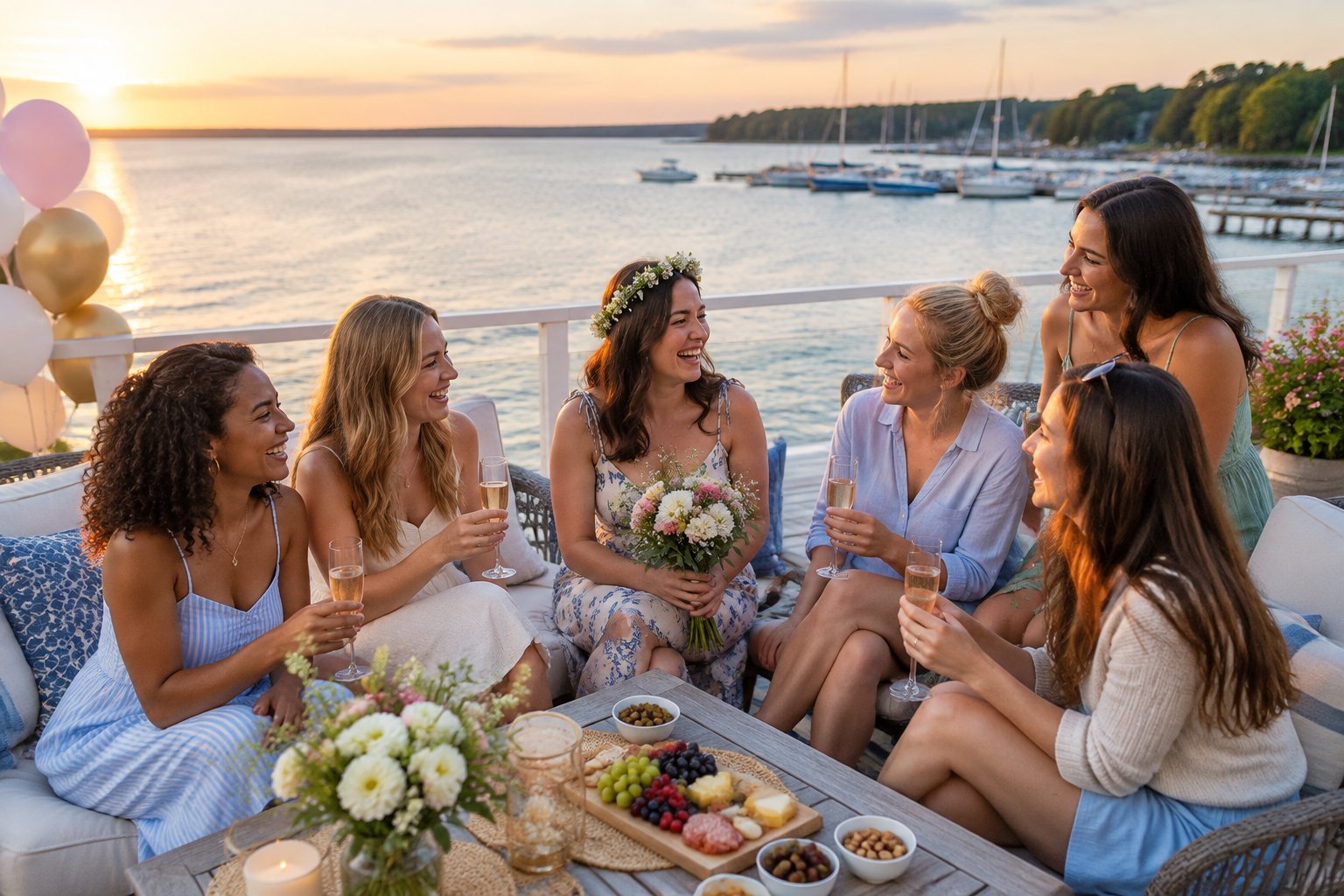 A group of friends enjoying a lakeside bachelorette weekend gathering near Sodus Bay.