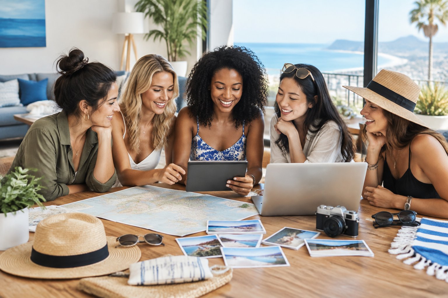 A group of friends gathers around a table to plan a bachelorette party destination.