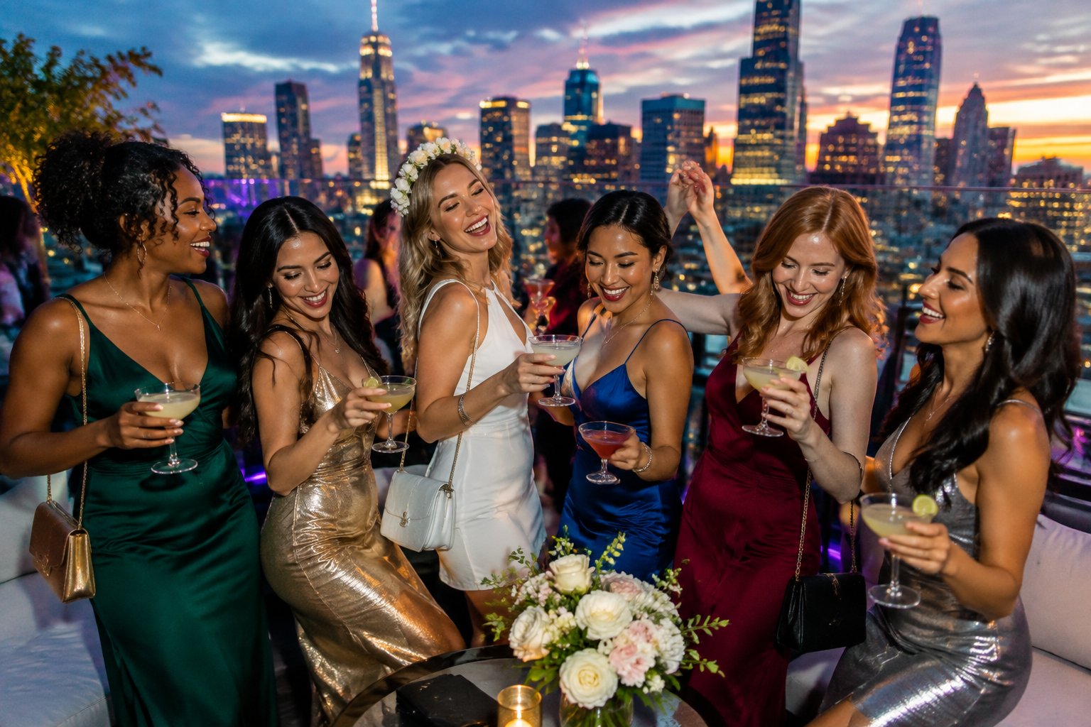 A group of women celebrates together at an upscale rooftop lounge overlooking a glowing city skyline.