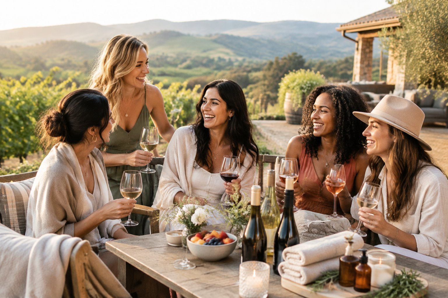 A group of women friends relaxing together at a vineyard retreat with wine and wellness items outdoors.