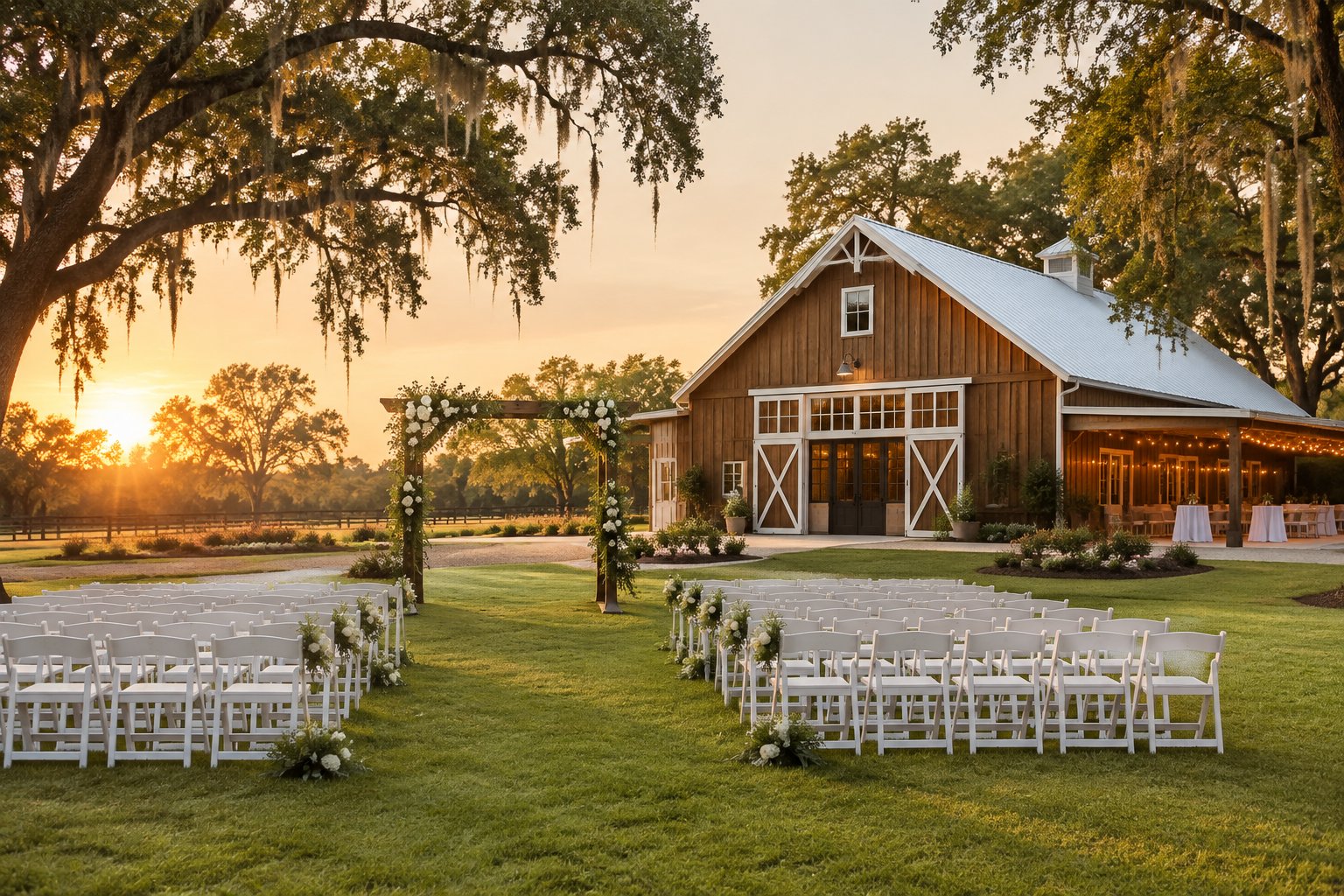 A rustic barn wedding venue with white ceremony chairs, a flower-decorated arbor, oak trees, and manicured grounds.