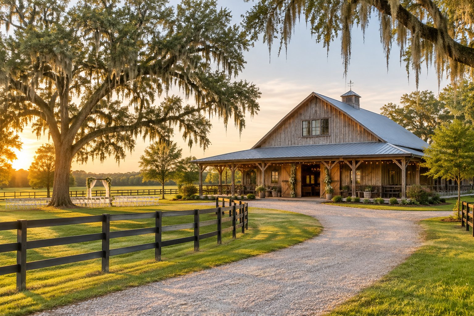 A rustic wedding barn beside a green pasture and oak trees, with a small outdoor ceremony setup.