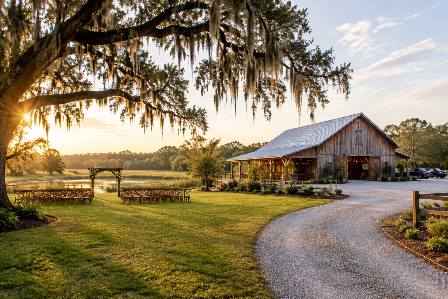 A rustic barn wedding venue beside a tree-lined driveway and open grassy grounds.