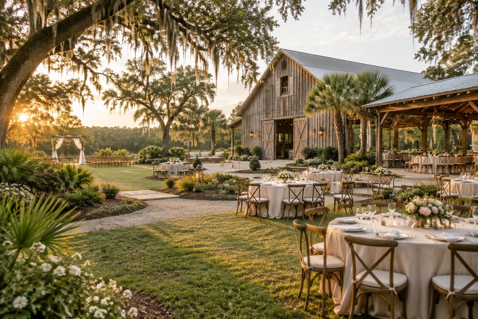 A rustic barn wedding venue with elegant outdoor reception tables beneath oak trees.
