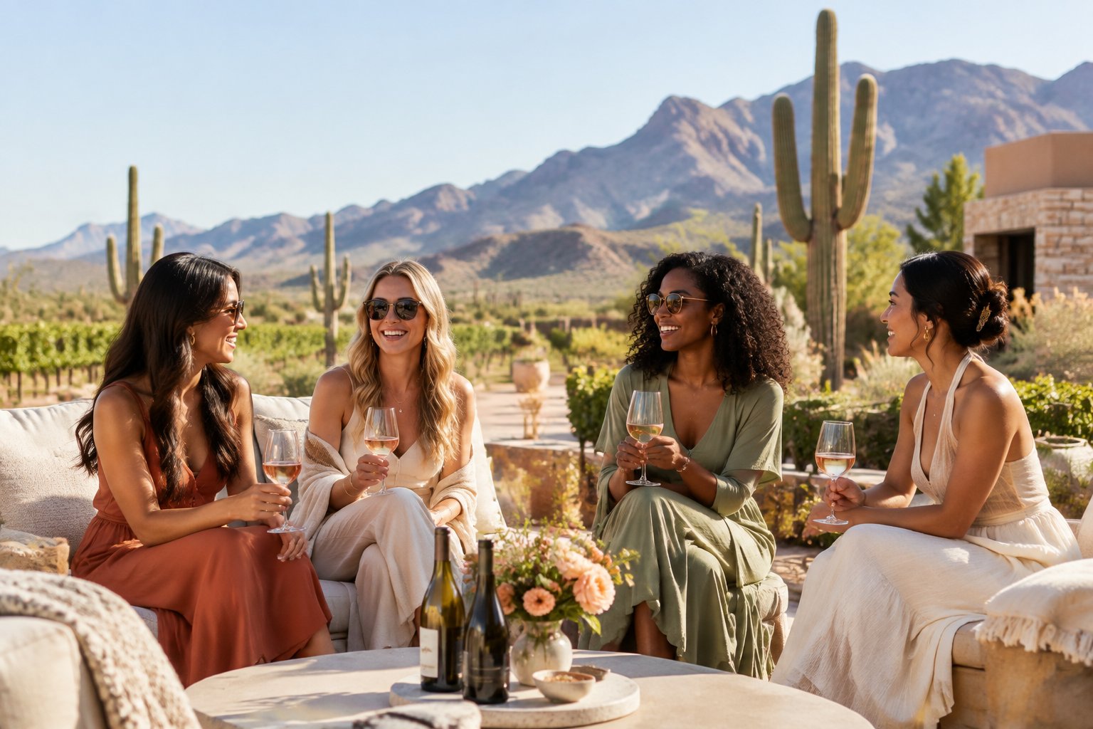 Four women celebrate together at a luxurious desert resort with wine, flowers, and mountain views.
