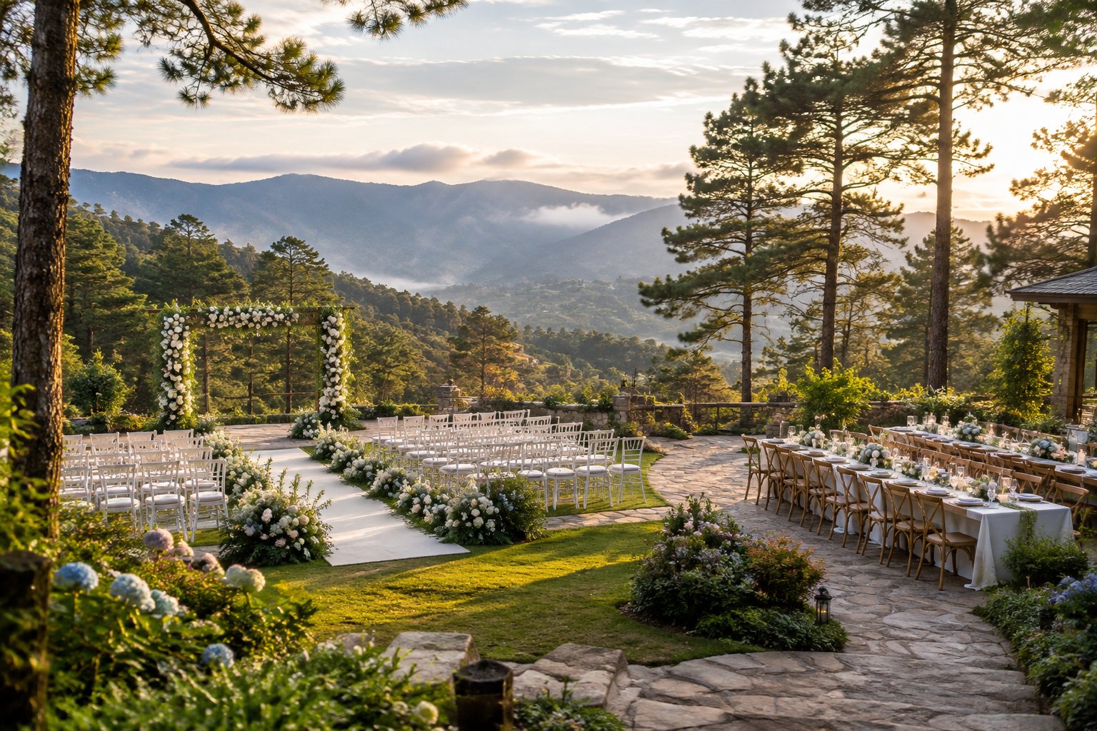 An elegant garden wedding venue surrounded by pine trees and misty green mountains.