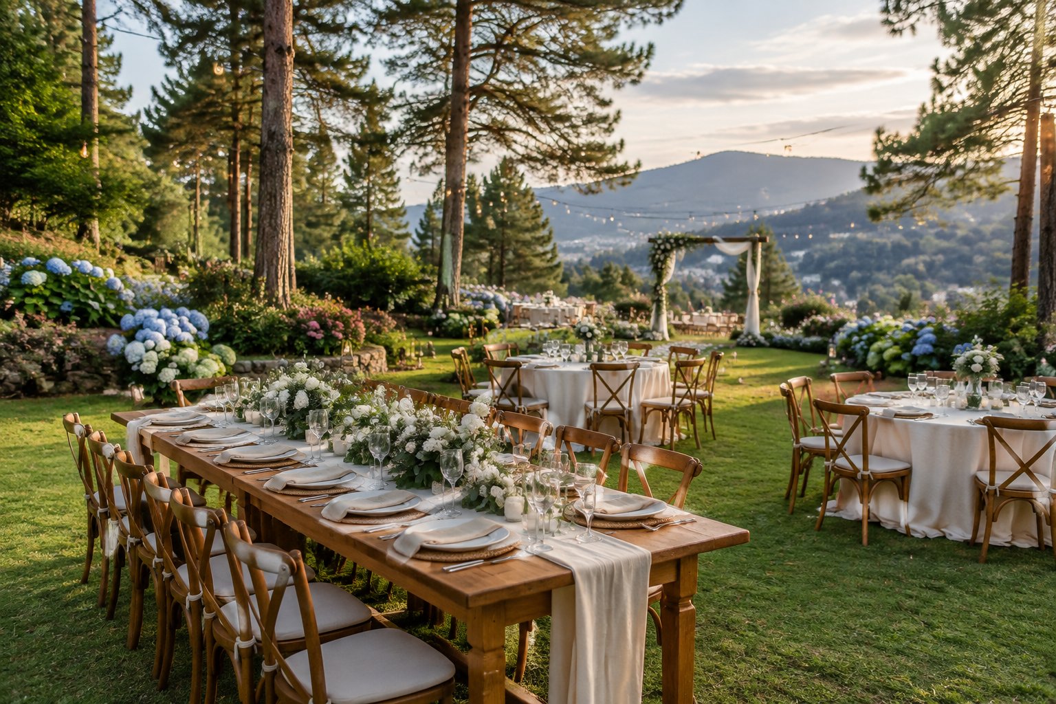 An elegant outdoor wedding reception set in a lush Baguio garden with pine trees, flowers, tables, and a ceremony arch.