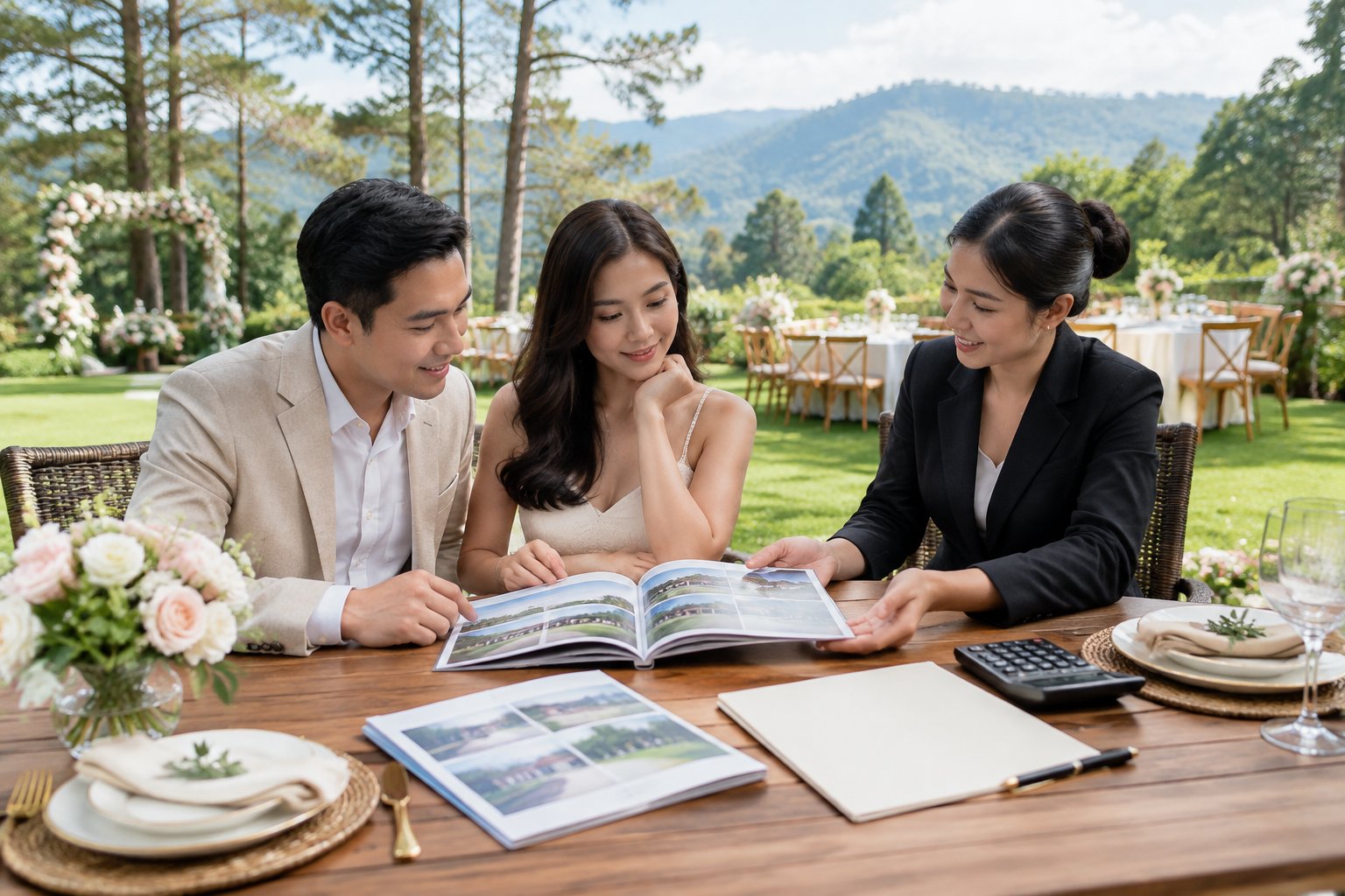 A couple and wedding coordinator review planning materials at a garden wedding venue in Baguio.