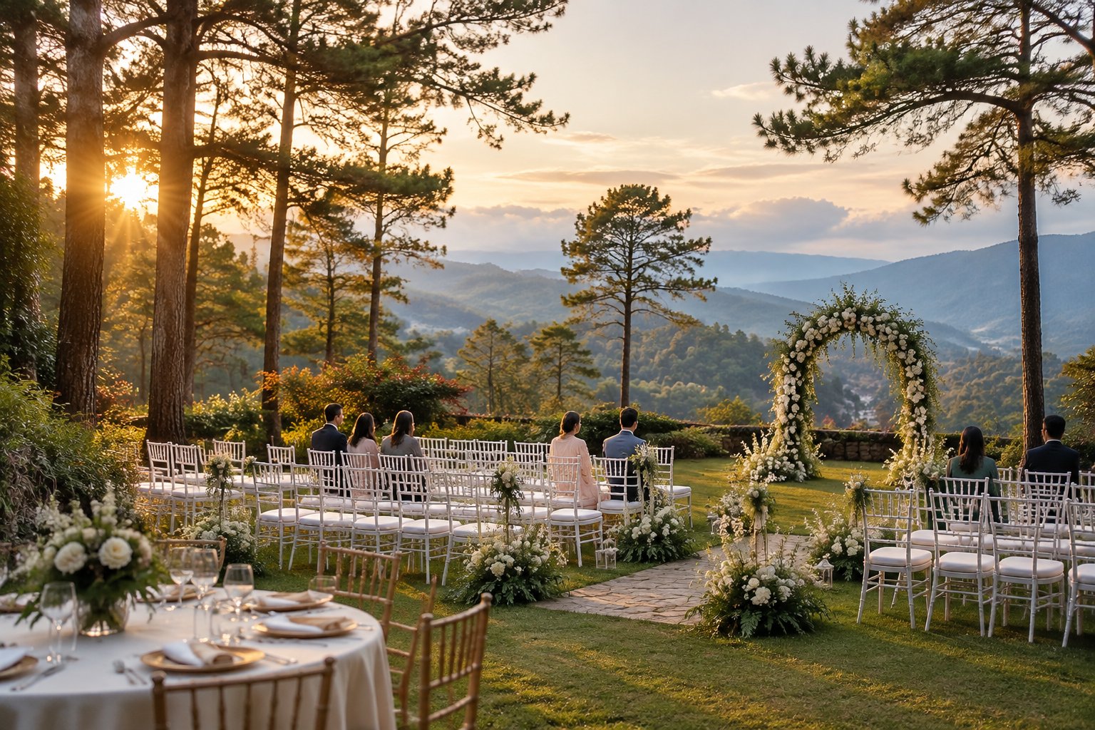 An elegant garden wedding setup at golden hour among pine trees, with mountains in the background.