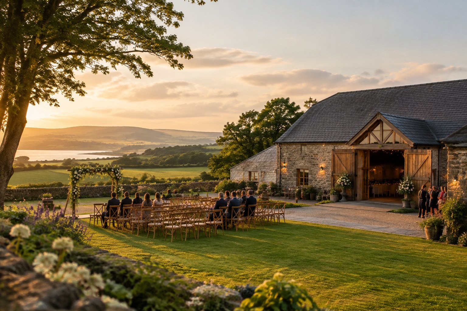 A rustic barn wedding venue surrounded by green countryside, with outdoor chairs and floral decorations.