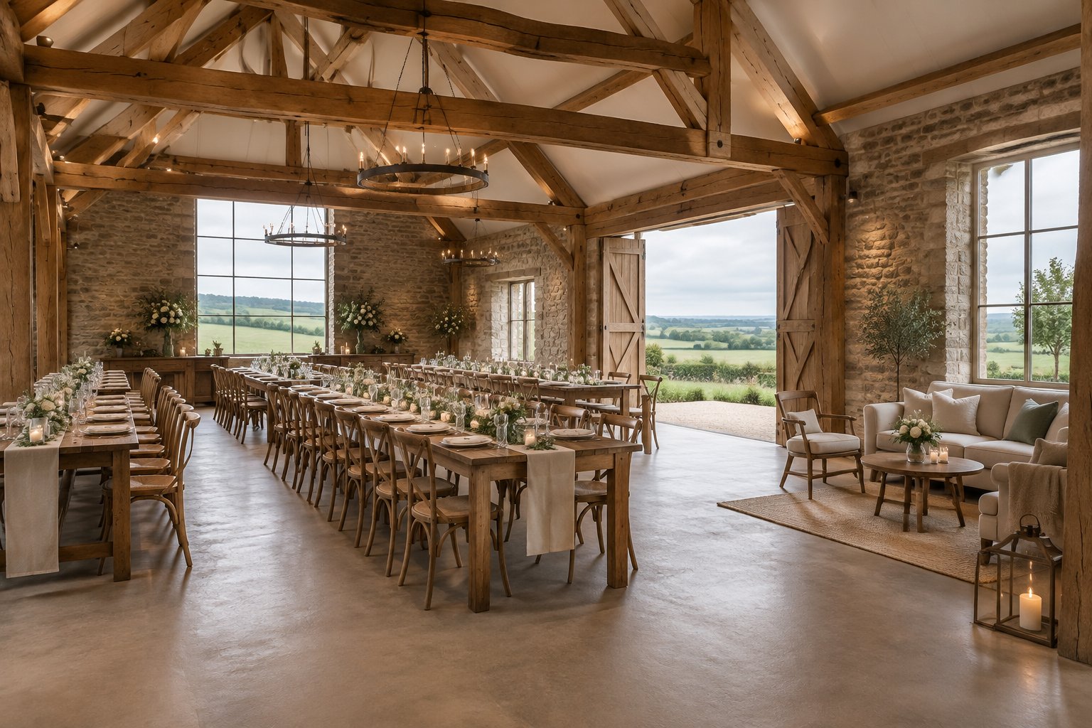 A spacious rustic barn wedding venue in the Fife countryside with flexible seating arrangements and simple elegant decorations.
