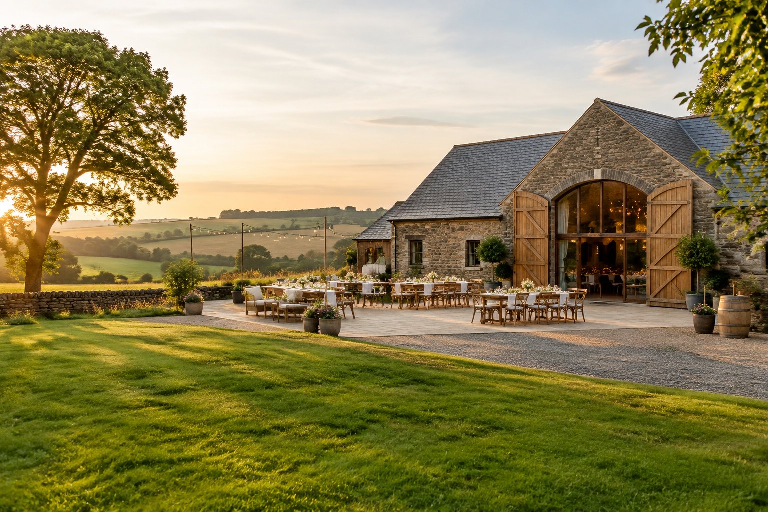 A rustic barn wedding venue surrounded by green fields and trees in the Fife countryside.