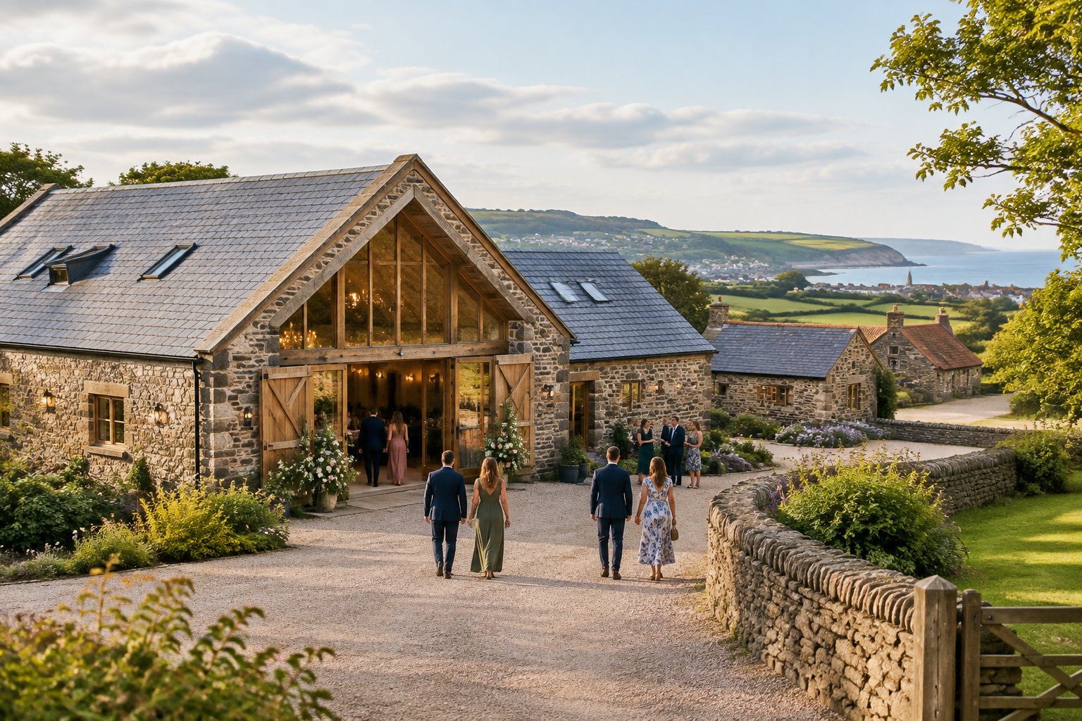 A restored barn wedding venue in the Fife countryside, surrounded by fields, stone walls, and traditional rural buildings.