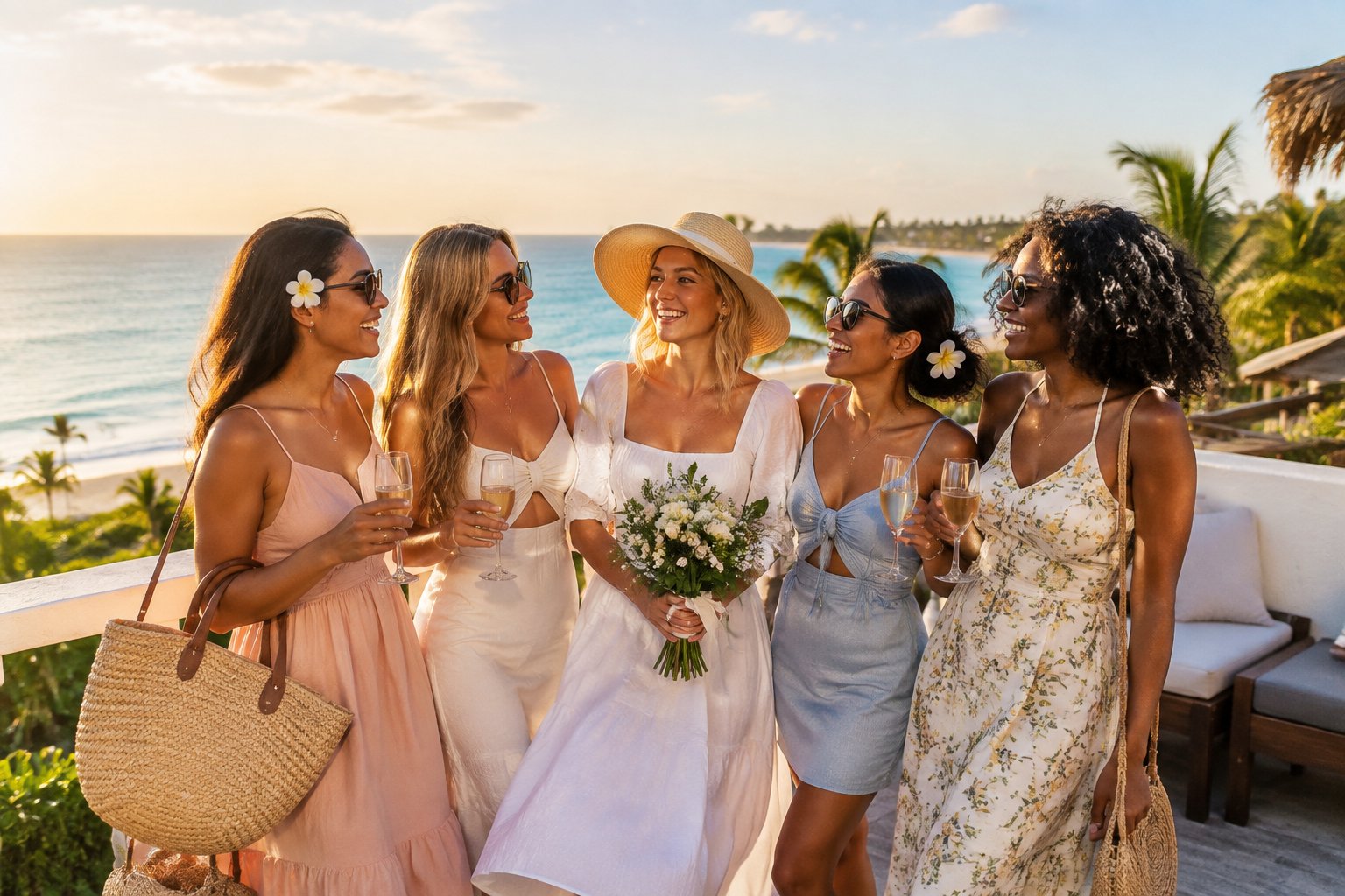 A group of women celebrating a bachelorette vacation on a sunny tropical seaside terrace.