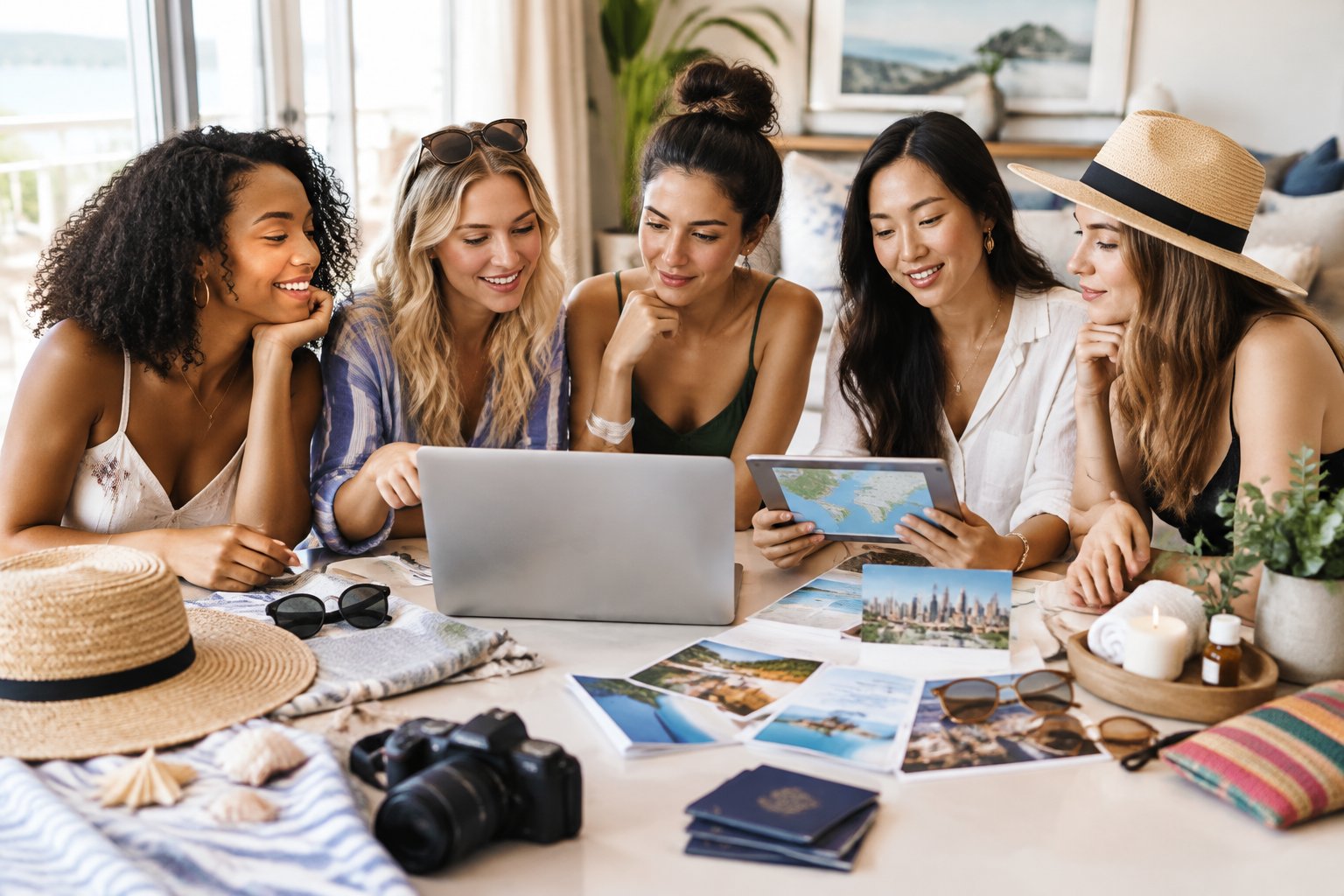 A group of friends compares vacation getaway ideas around a table in a stylish lounge.
