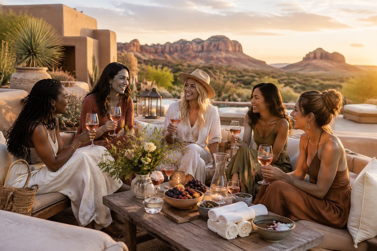 A group of women friends enjoying wine and wellness refreshments at a desert resort terrace.