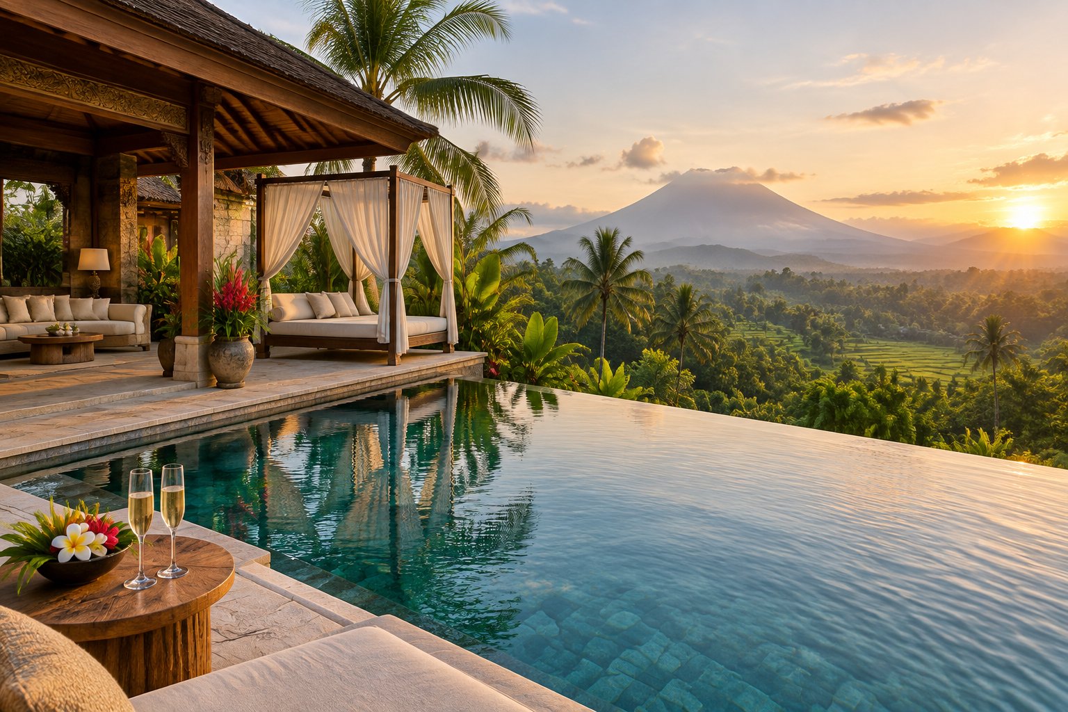 Luxury Bali resort villa with an infinity pool overlooking tropical jungle and rice terraces.
