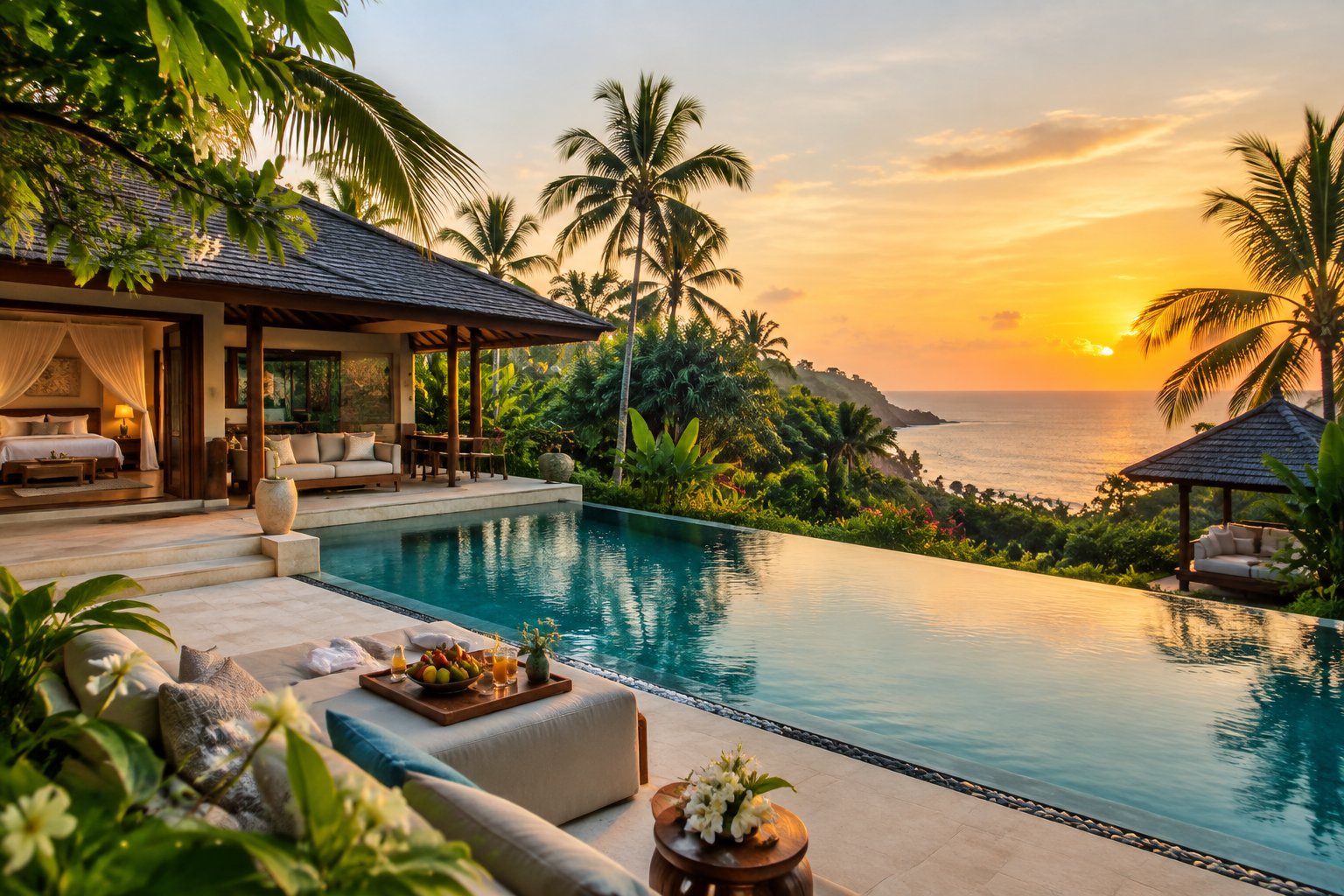 A romantic Bali resort villa with a private pool, tropical gardens, and an ocean view at sunset.