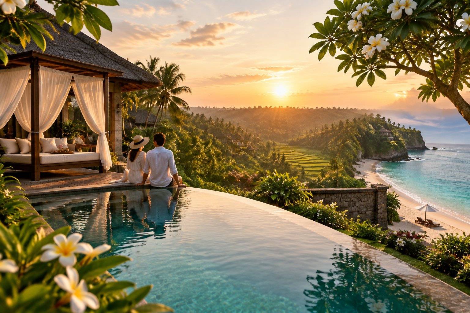 A couple overlooks a tropical Bali resort with a private pool, jungle greenery, rice terraces, and a distant beach.