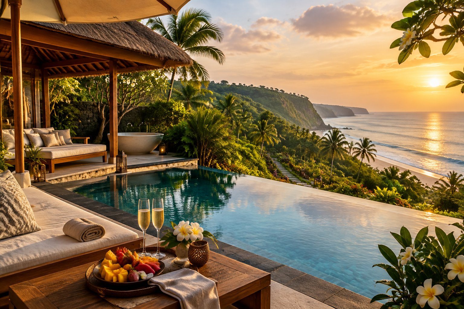 A luxurious Bali resort villa with an infinity pool, tropical gardens, ocean views, and a romantic breakfast setup at sunset.