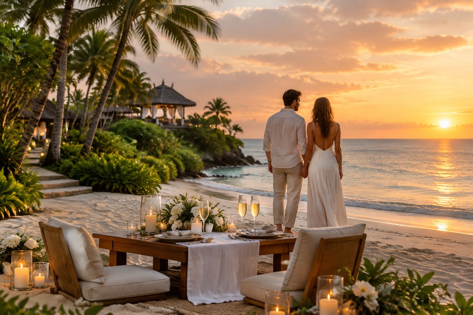 A couple stands beside a private candlelit dinner setup on a tropical beach at sunset.